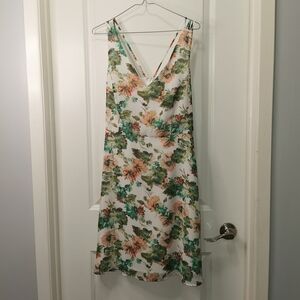 H&M White‎ Floral V-Neck Midi Dress with Green and Peach Print